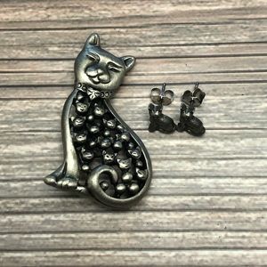 Cat Pin and Earrings